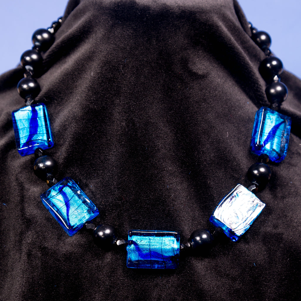 Electric Blue Foil Necklace - Glass & Black Bead