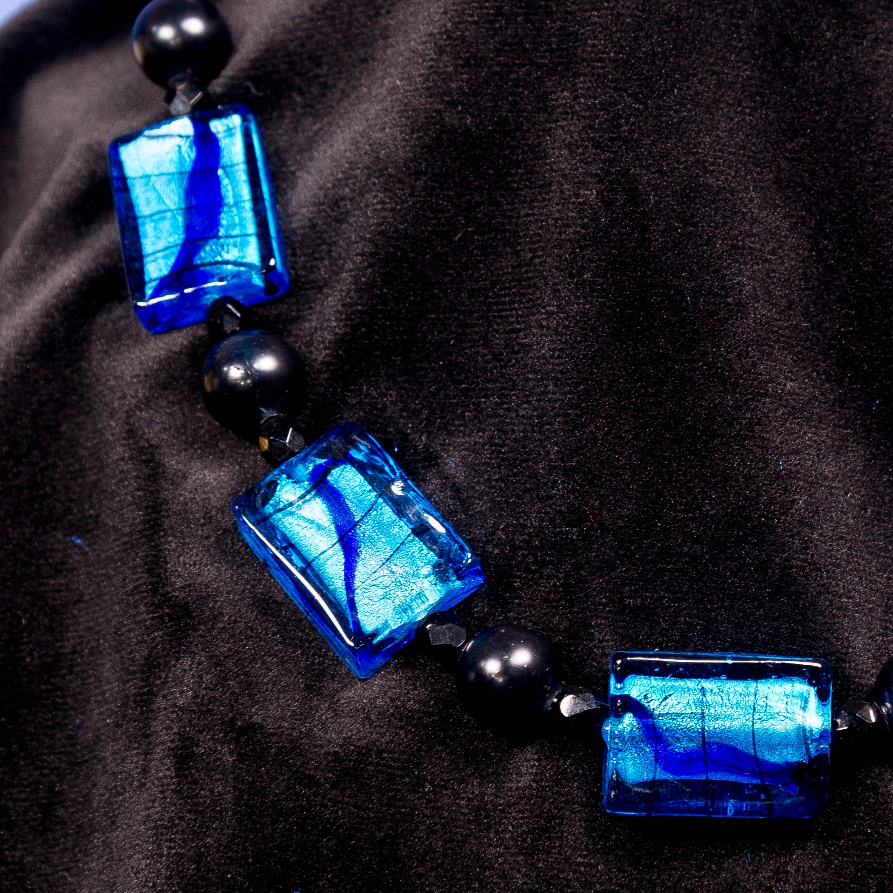 Electric Blue Foil Necklace - Glass & Black Bead